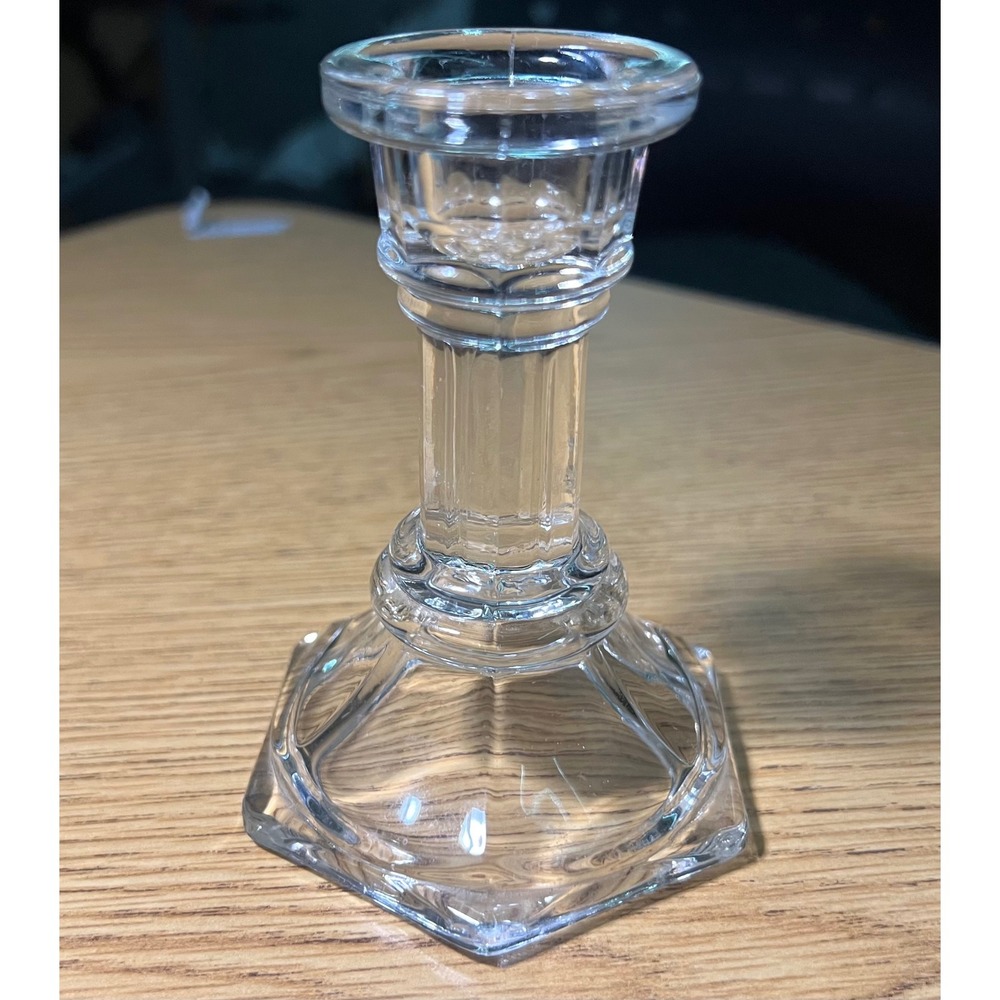 Vintage Clear Pressed Glass Candlestick Holder Hexagon Base Taper Candle Stand - Picture 2 of 7